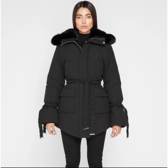 Maniere De Voir Jackets & Blazers - Maniere De Voir Black Puffer Jacket with Faux Fur Trim